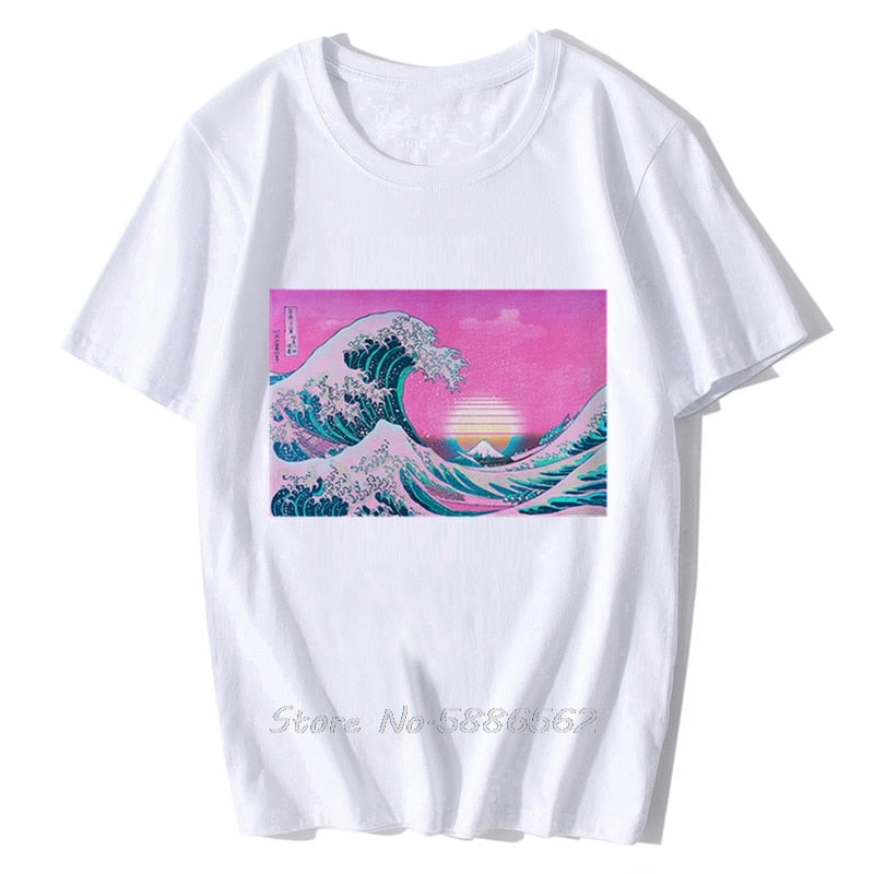 Vaporwave The Great Wave Off Kanagawa  Aesthetic t-shirt Homme Short Sleeve T Shirt Men White Vintage Casual Tshirt Unisex