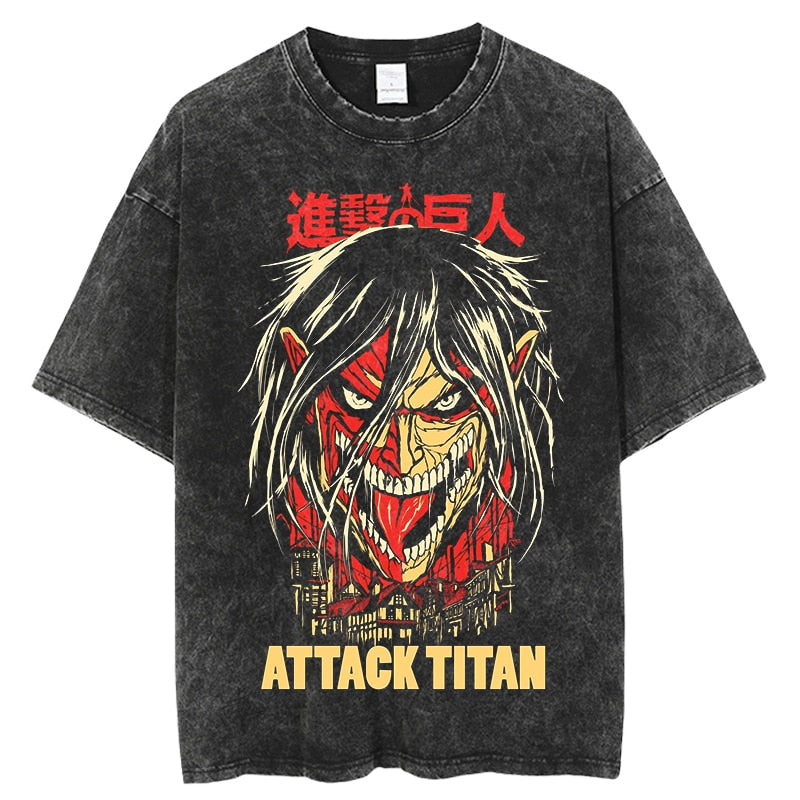 Anime Attack on Titan  Graphic Tee Shirt Vintage Washed Tshirts Graphic T-Shirt Harajuku Streetwear Unisex Cotton Top Tees