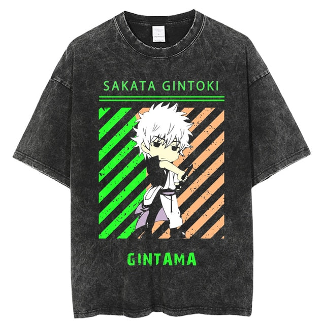 Anime Gintama Print Graphic Tshirt Vintage Washed Tee shirts Men Women Casual Manga Streetwear Harajuku Gothic Tops Tees 100% Cotton Summer