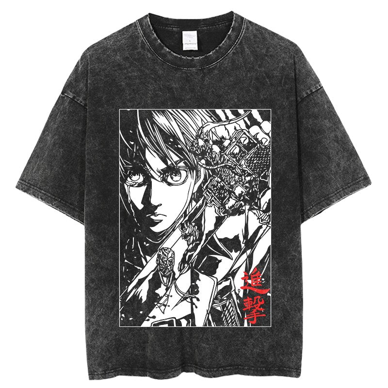 Anime Attack on Titan  Graphic Tee Shirt Vintage Washed Tshirts Graphic T-Shirt Harajuku Streetwear Unisex Cotton Top Tees