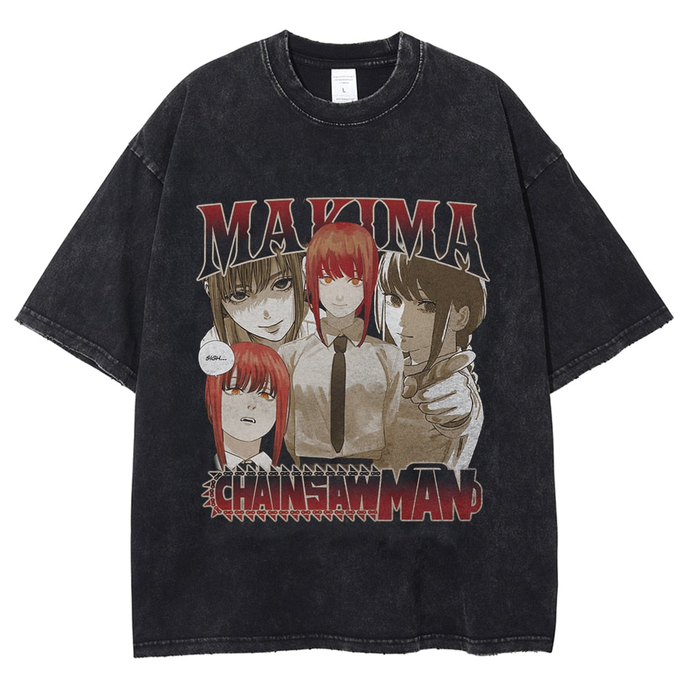 Anime Chainsaw Man Graphic T Shirt Harajuku Hip Hop Vintage Washed Power Print Tshirts Oversize 100% Cotton Streetwear T-shirt