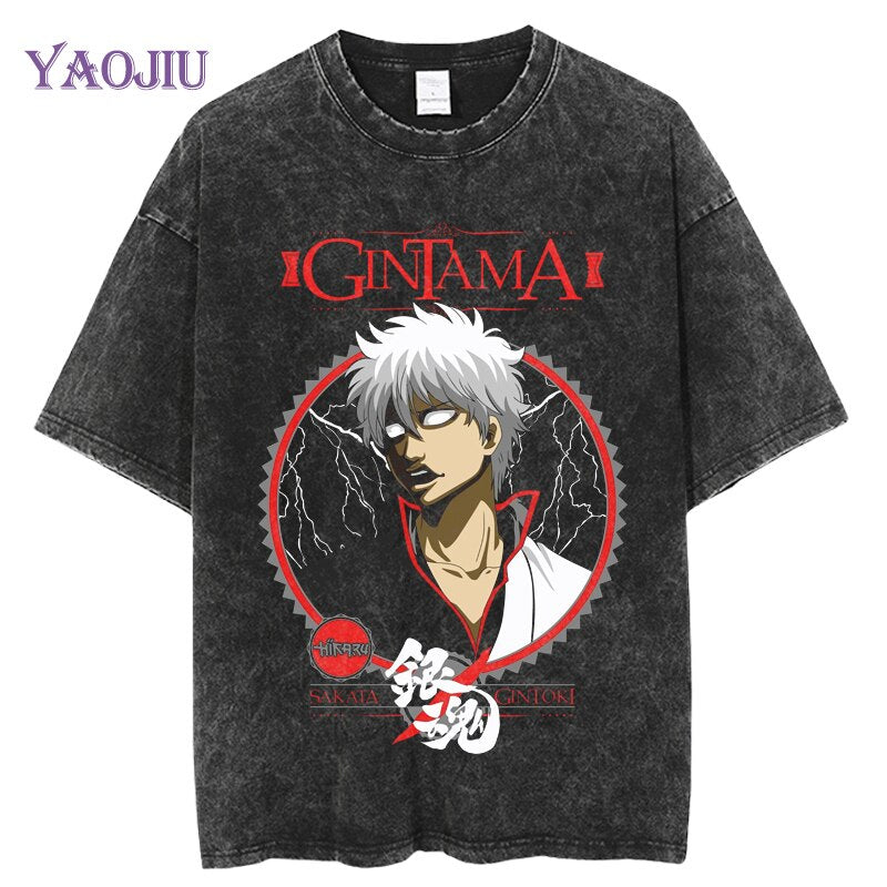 Anime Gintama Print Graphic Tshirt Vintage Washed Tee shirts Men Women Casual Manga Streetwear Harajuku Gothic Tops Tees 100% Cotton Summer