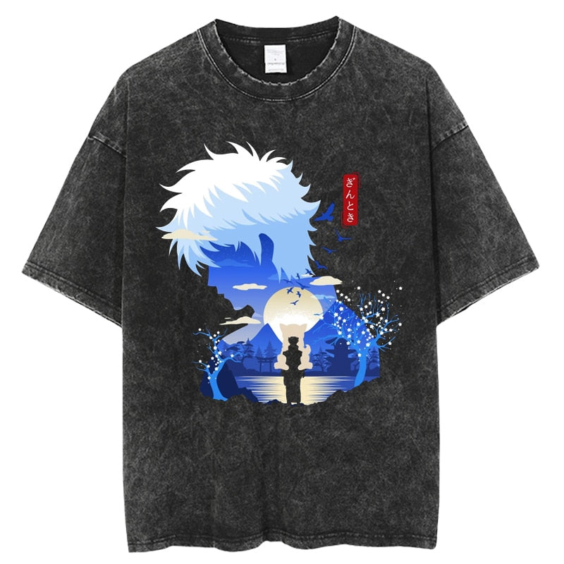 Anime Gintama Print Graphic Tshirt Vintage Washed Tee shirts Men Women Casual Manga Streetwear Harajuku Gothic Tops Tees 100% Cotton Summer