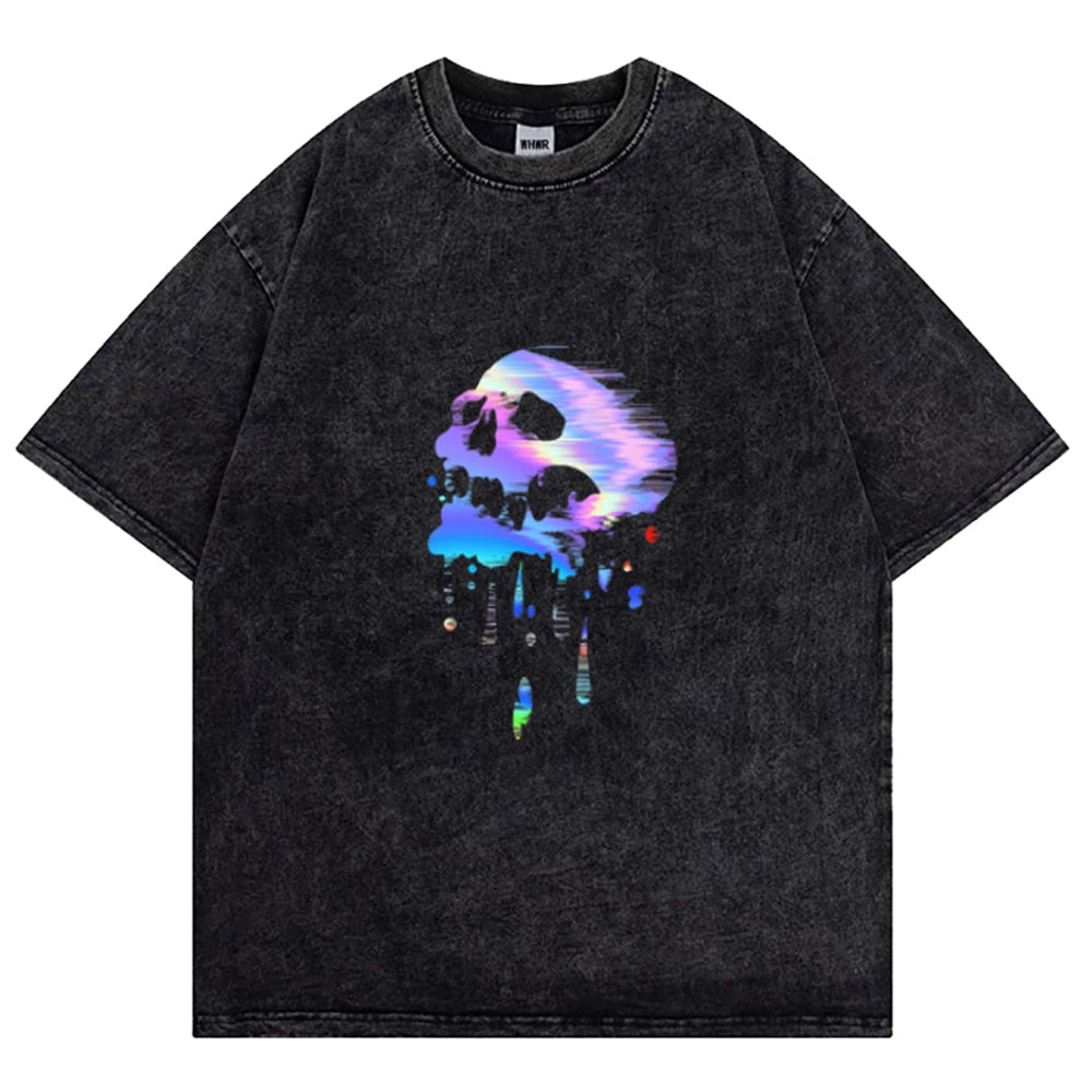 Hip Hop Streetwear Washed T Shirt Harajuku Men Summer Short Sleeve Tshirt Black Retro Cotton T Shirts Print Gothic Skull Tshirts