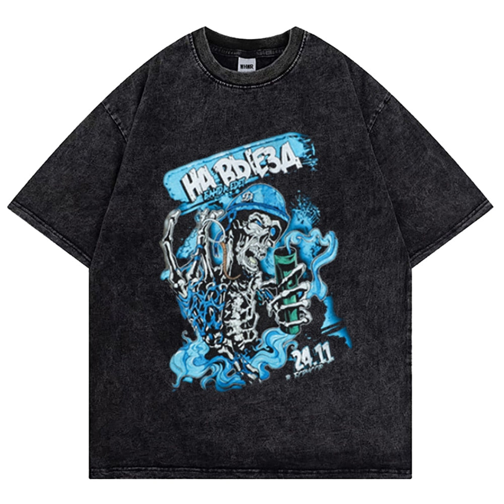 Hip Hop Streetwear Washed T Shirt Harajuku Men Summer Short Sleeve Tshirt Black Retro Cotton T Shirts Print Gothic Skull Tshirts