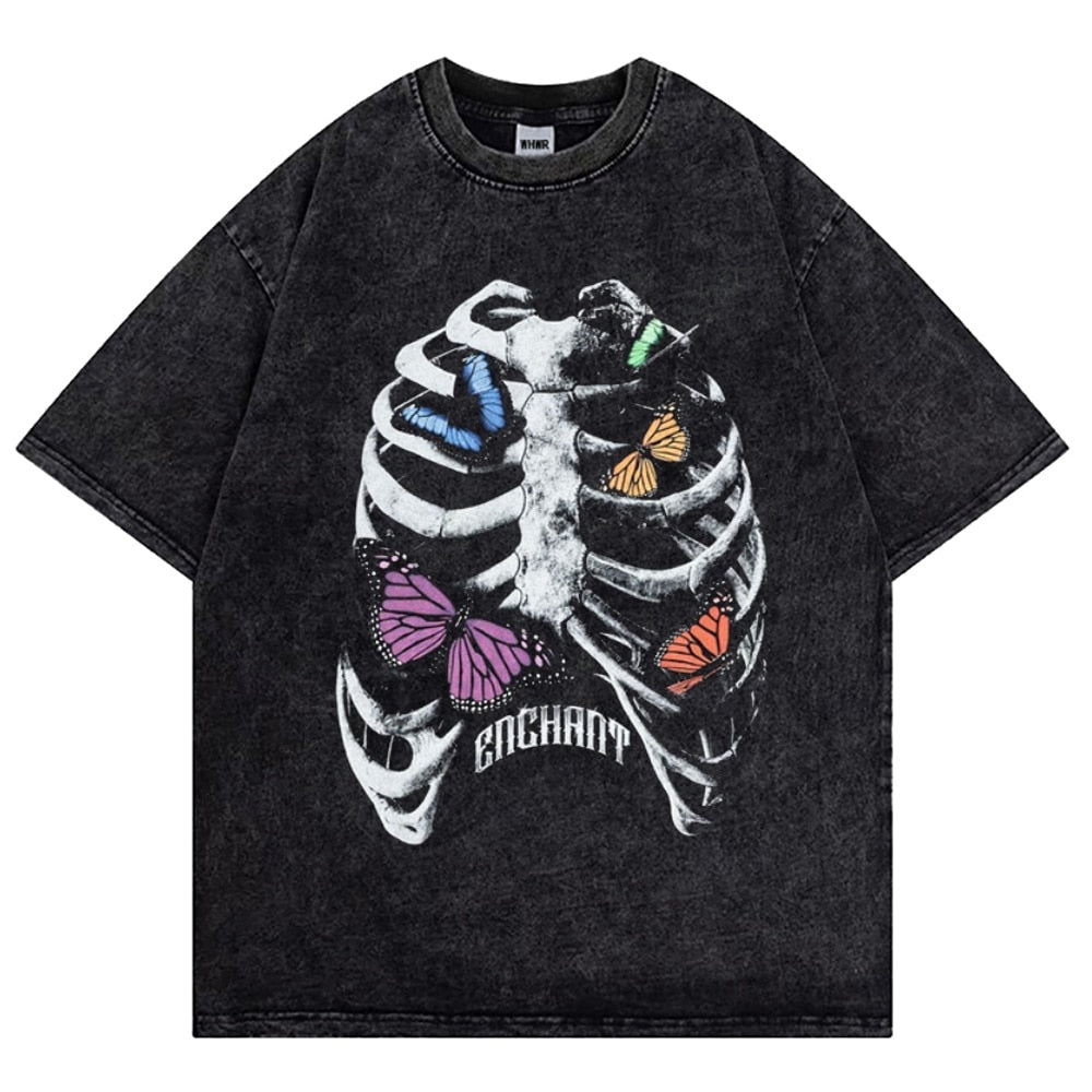 Hip Hop Streetwear Washed T Shirt Harajuku Men Summer Short Sleeve Tshirt Black Retro Cotton T Shirts Print Gothic Skull Tshirts