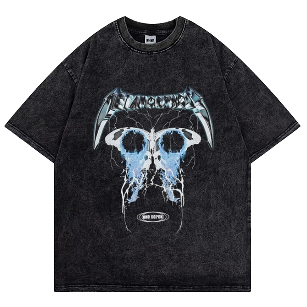 Hip Hop Streetwear Washed T Shirt Harajuku Men Summer Short Sleeve Tshirt Black Retro Cotton T Shirts Print Gothic Skull Tshirts