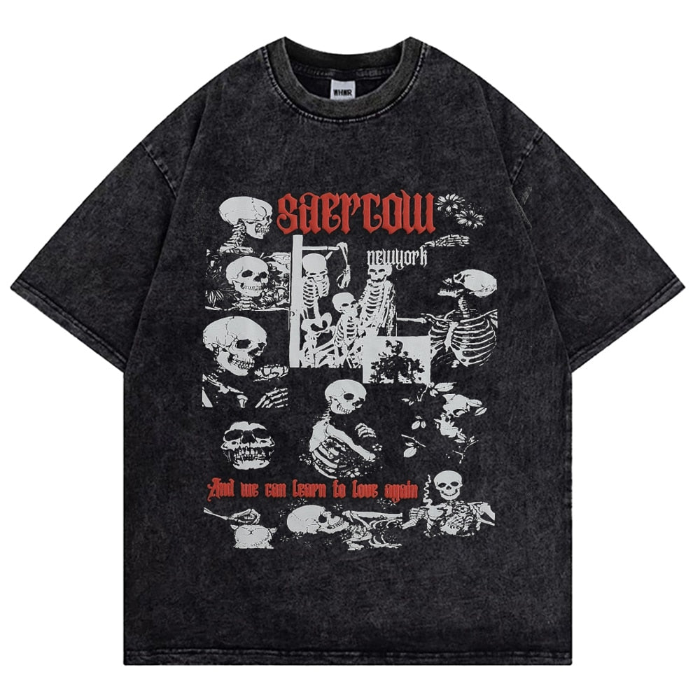 Hip Hop Streetwear Washed T Shirt Harajuku Men Summer Short Sleeve Tshirt Black Retro Cotton T Shirts Print Gothic Skull Tshirts